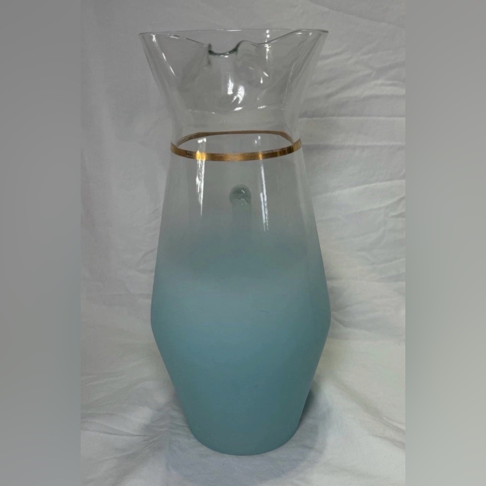 Vintage Blendo Turquoise Blue Glass Pitcher Mid Century Modern 9.5"1.25 Qt - Picture 3 of 9